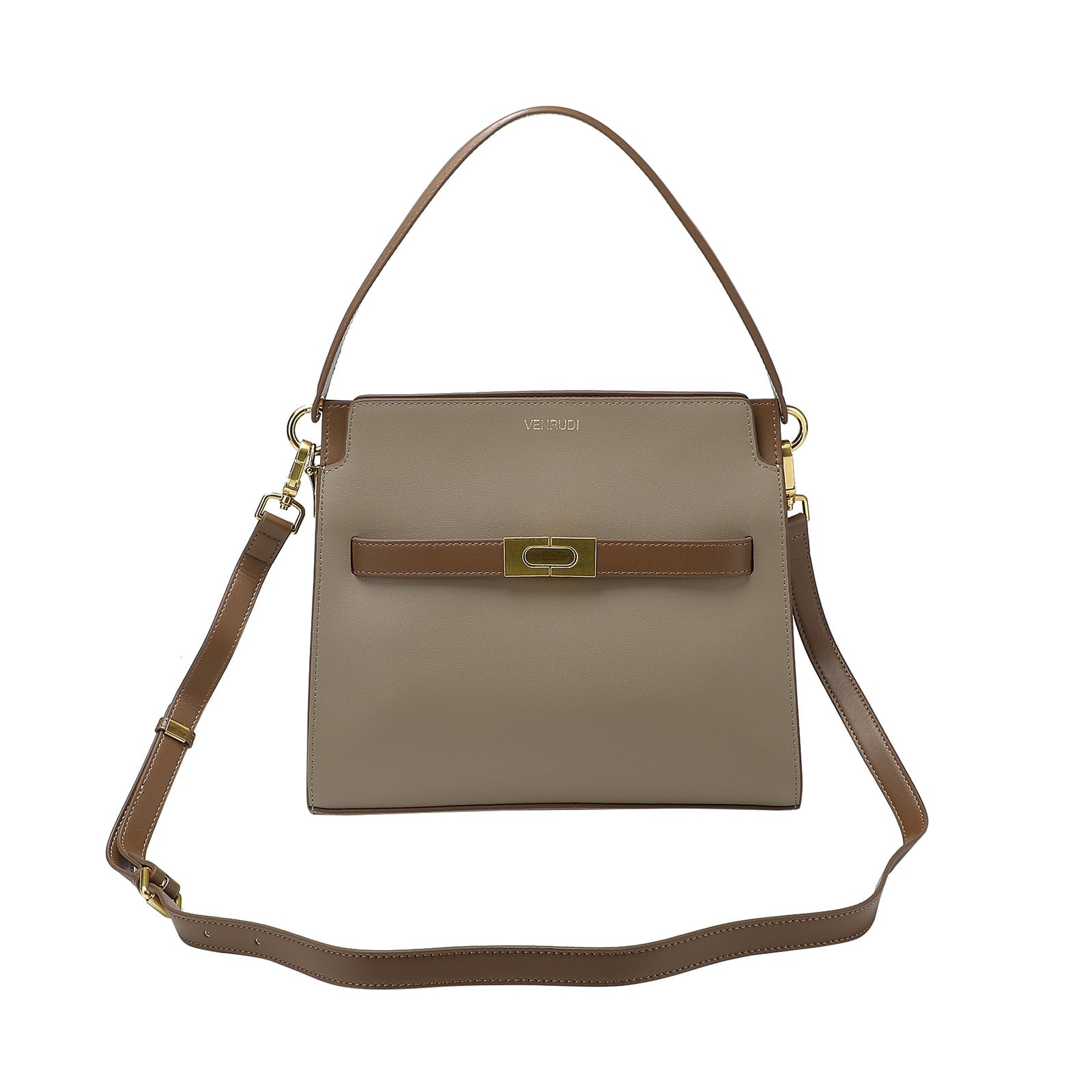 Beige Leather Handbag with Tan Belt-Buckle Detail and Detachable Shoulder Strap