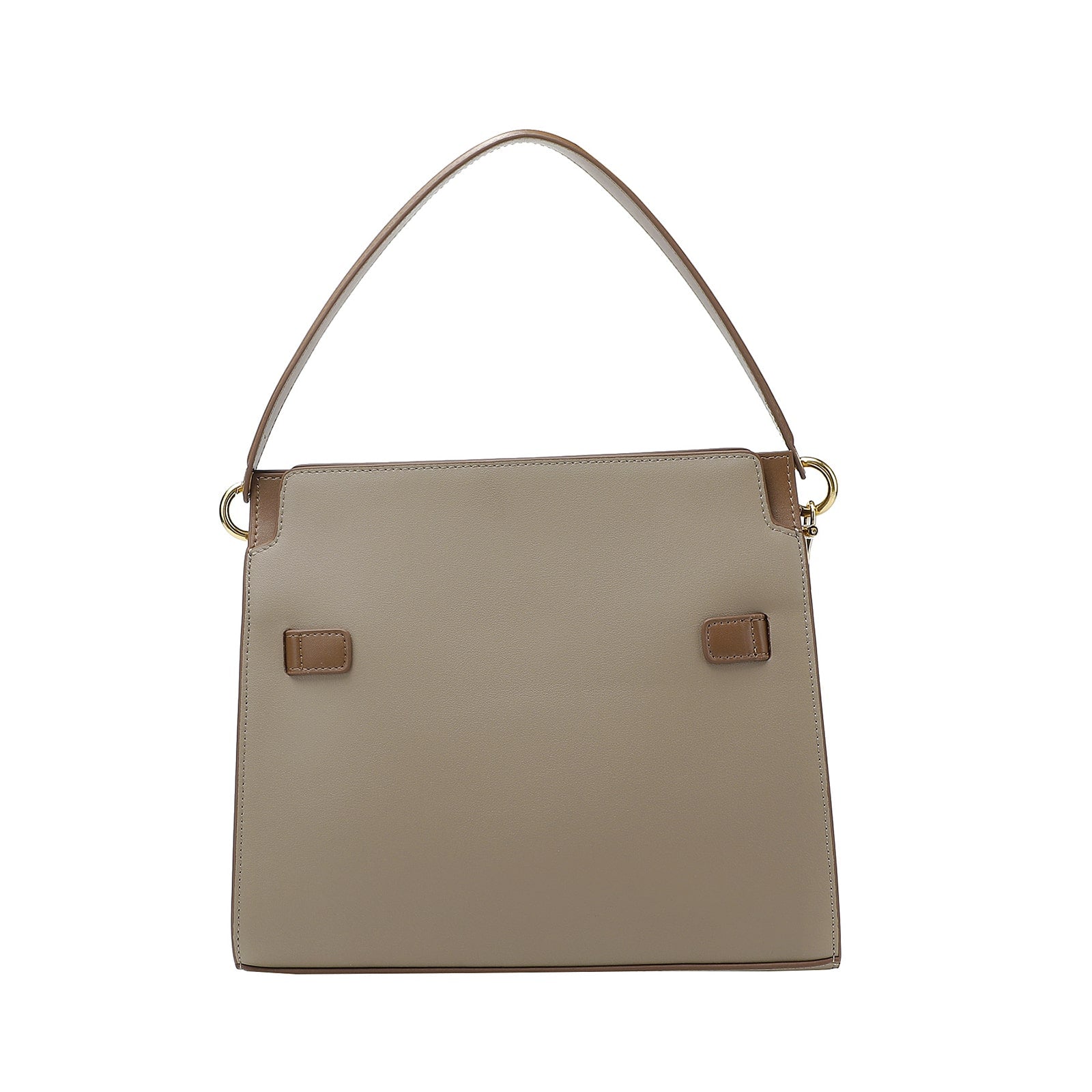 Beige Leather Handbag with Tan Belt-Buckle Detail and Detachable Shoulder Strap