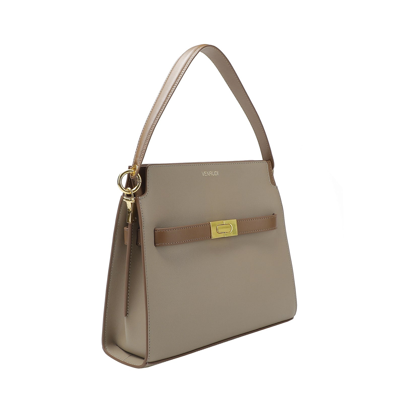 Beige Leather Handbag with Tan Belt-Buckle Detail and Detachable Shoulder Strap