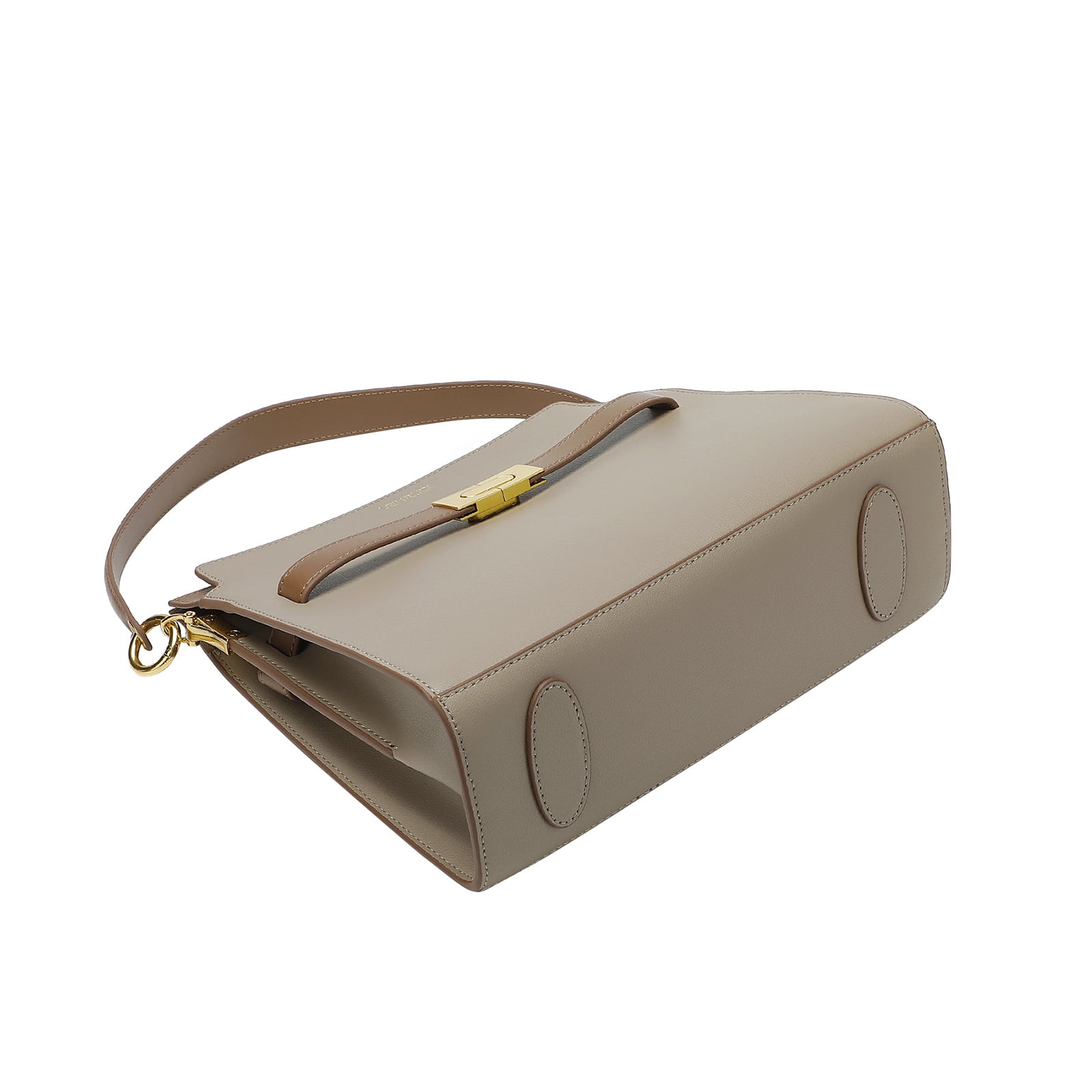 Beige Leather Handbag with Tan Belt-Buckle Detail and Detachable Shoulder Strap