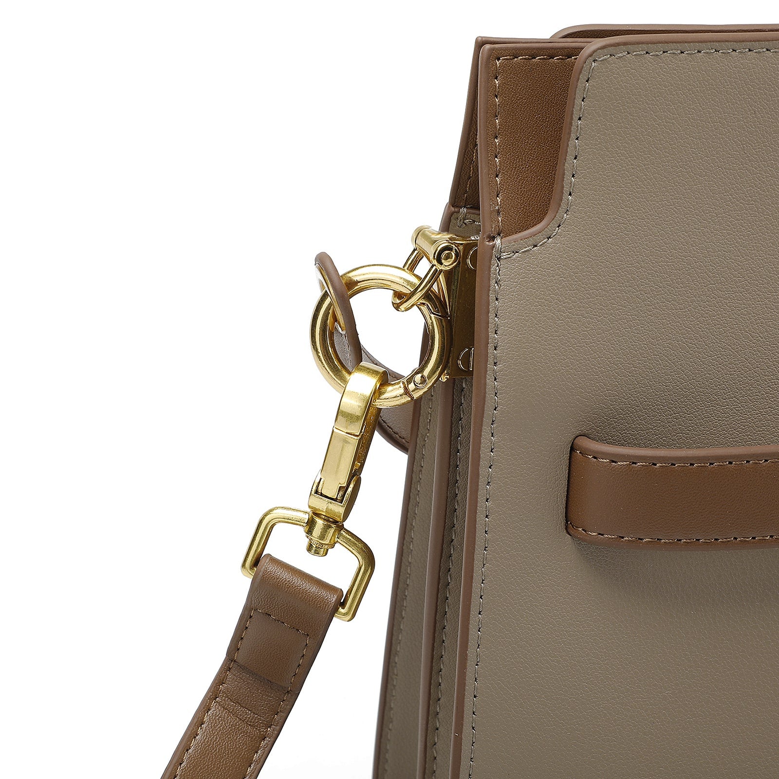 Beige Leather Handbag with Tan Belt-Buckle Detail and Detachable Shoulder Strap