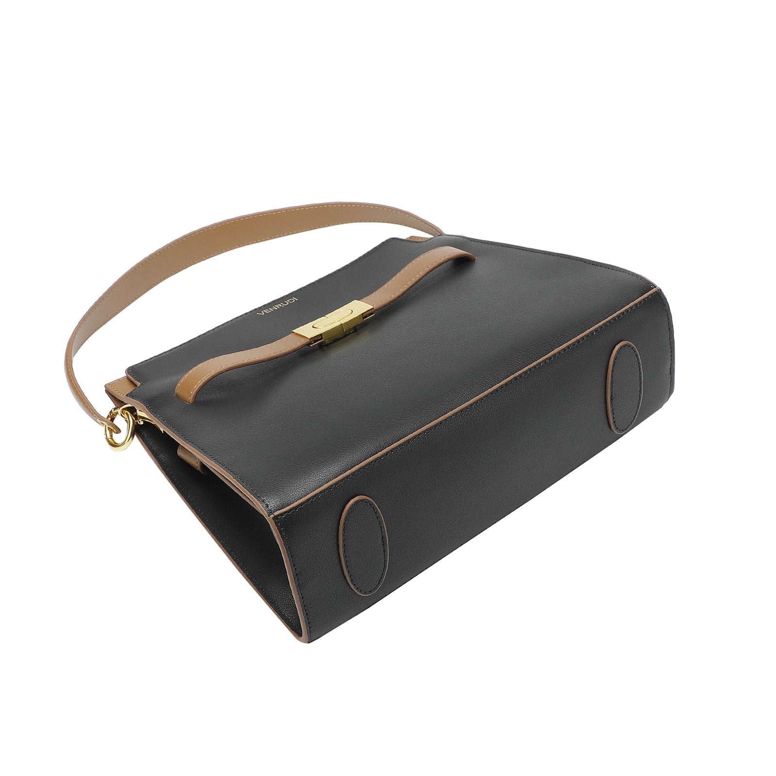 Black handbag with gold accents on a white background