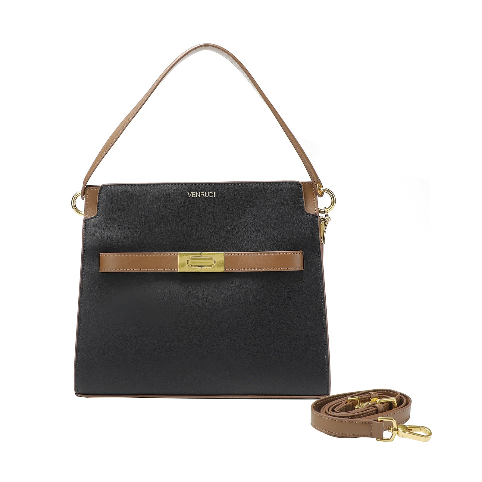Black handbag with brown strap and gold accents on a white background