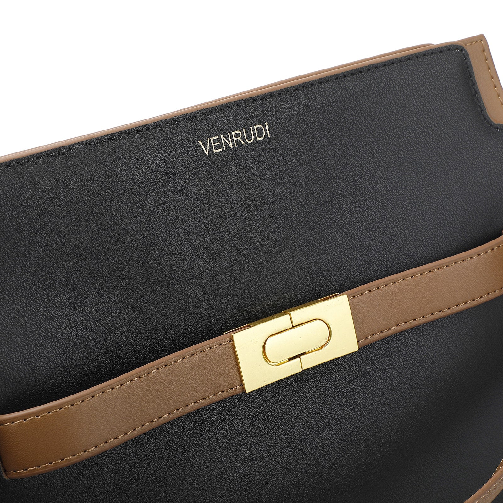 Black handbag with brown strap and gold clasp, featuring the brand 'VENRUDI'.
