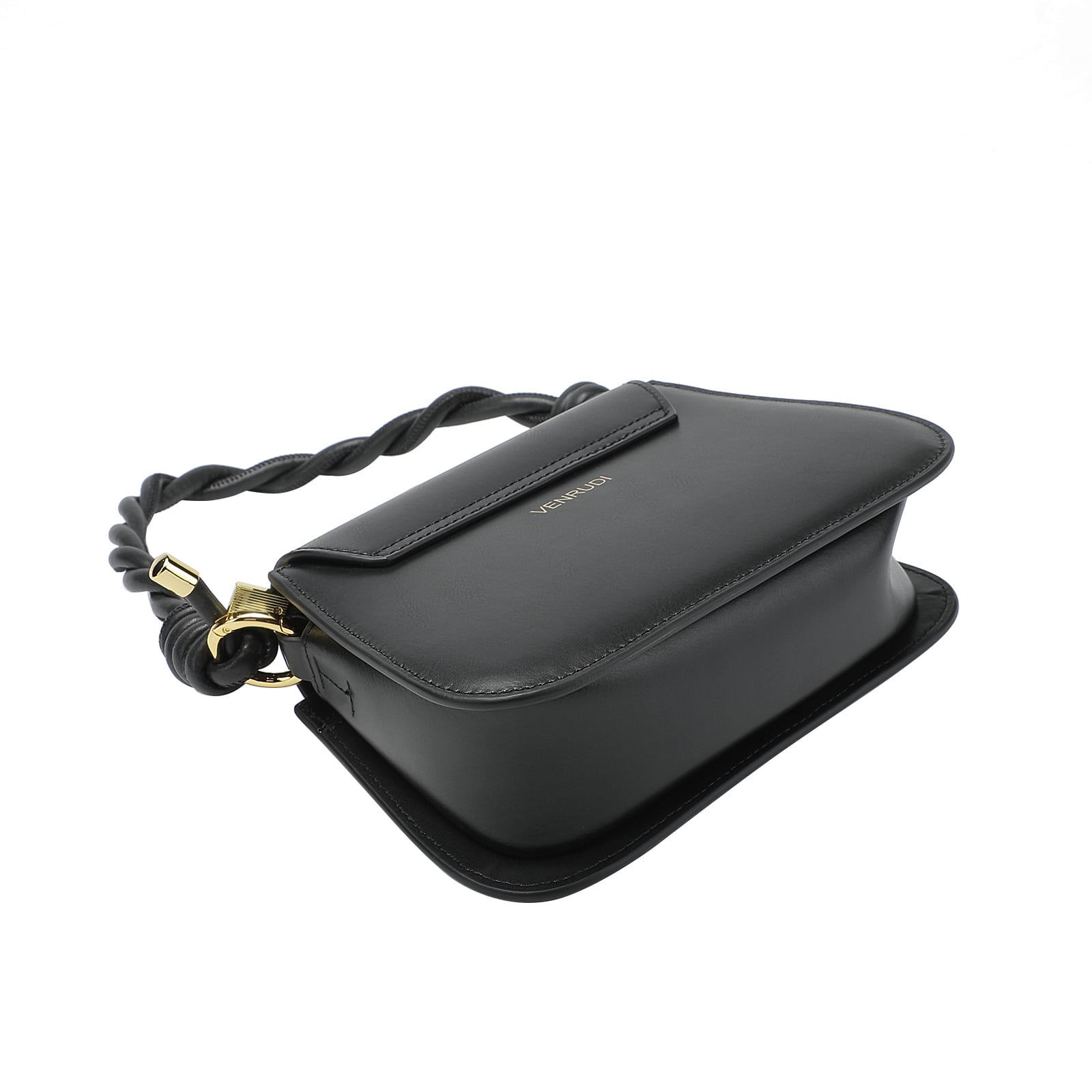 Black handbag with a braided handle on a white background