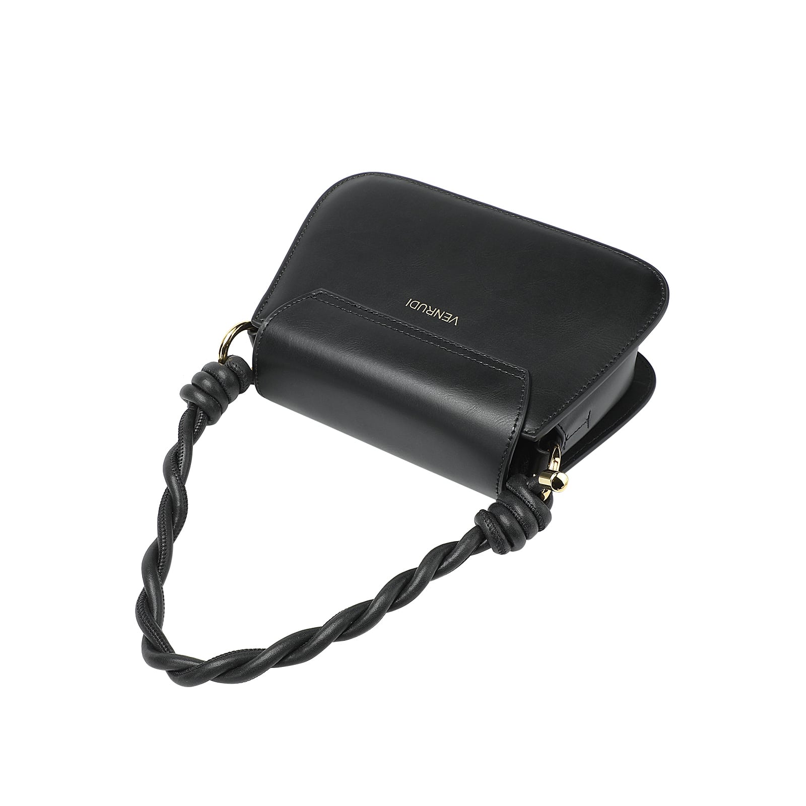 Black handbag with a braided handle on a white background