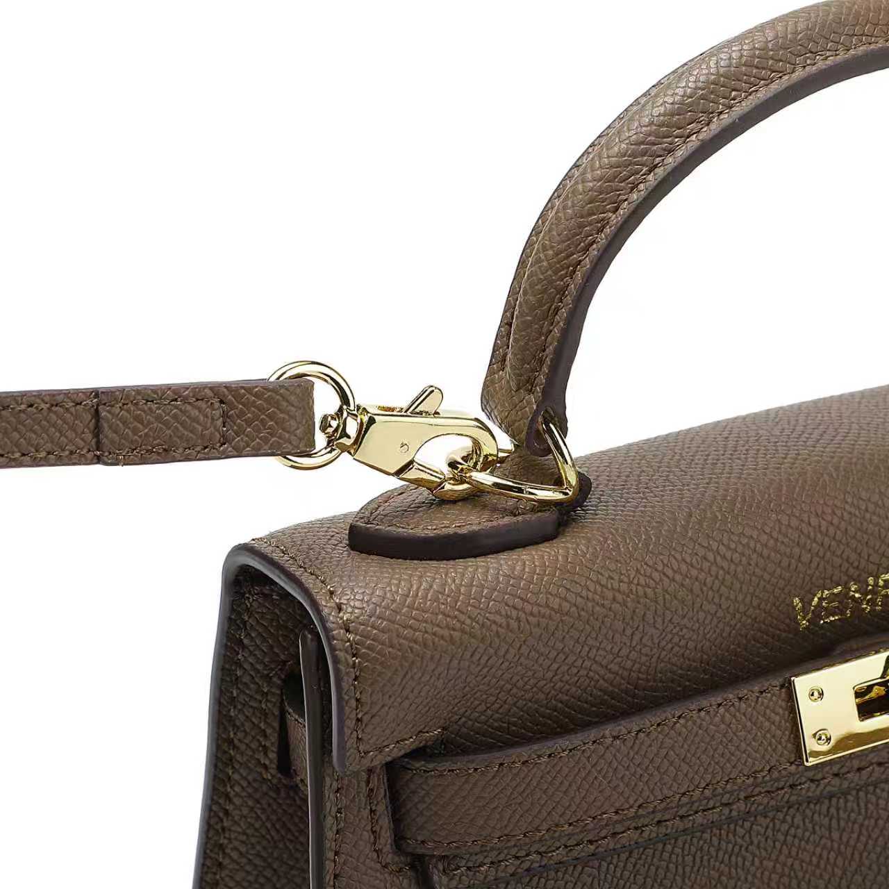 Brown Belt-Buckle Leather Handbag with Detachable Shoulder Strap