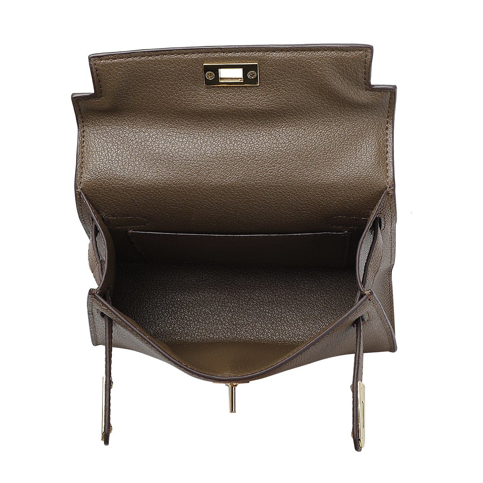 Brown Belt-Buckle Leather Handbag with Detachable Shoulder Strap