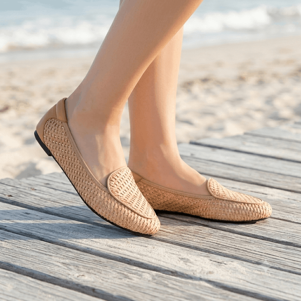A close-up of a person's feet wearing beige woven leather loafers while walking on a weathered wooden boardwalk near a sandy beach.