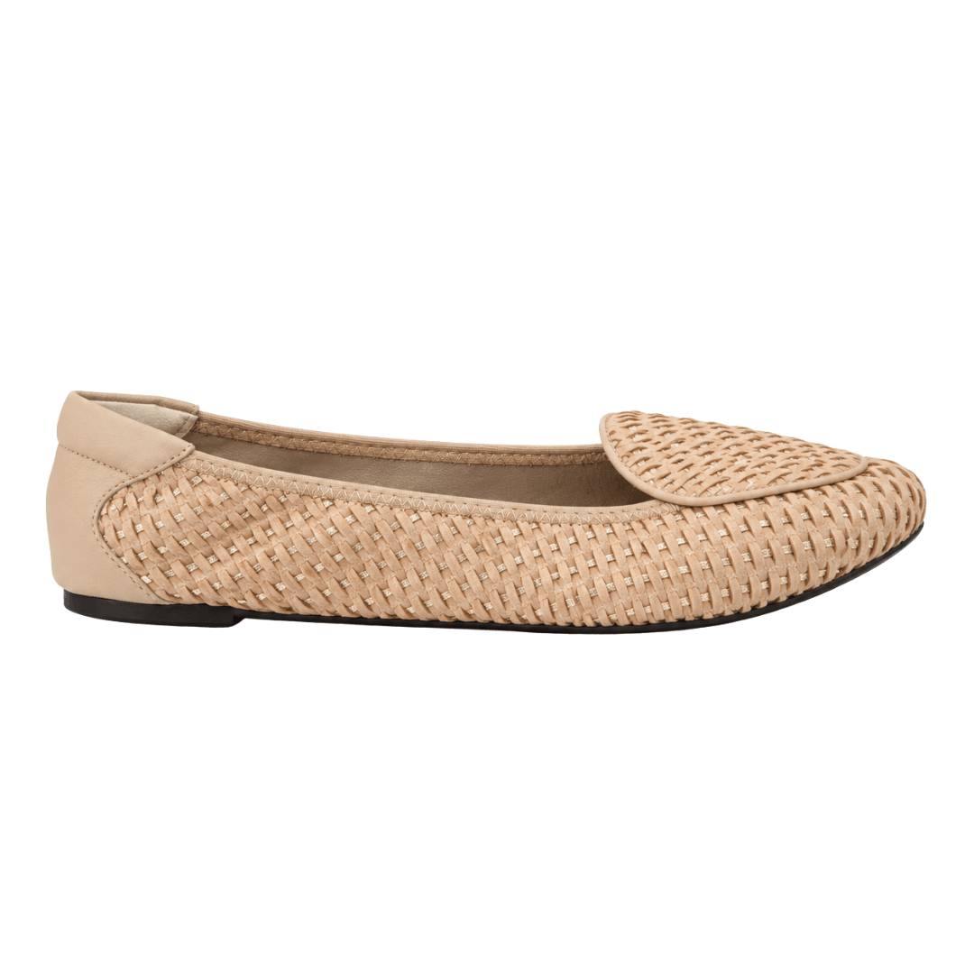 A crisp side profile view of a beige woven leather loafer shoe on a plain white background.