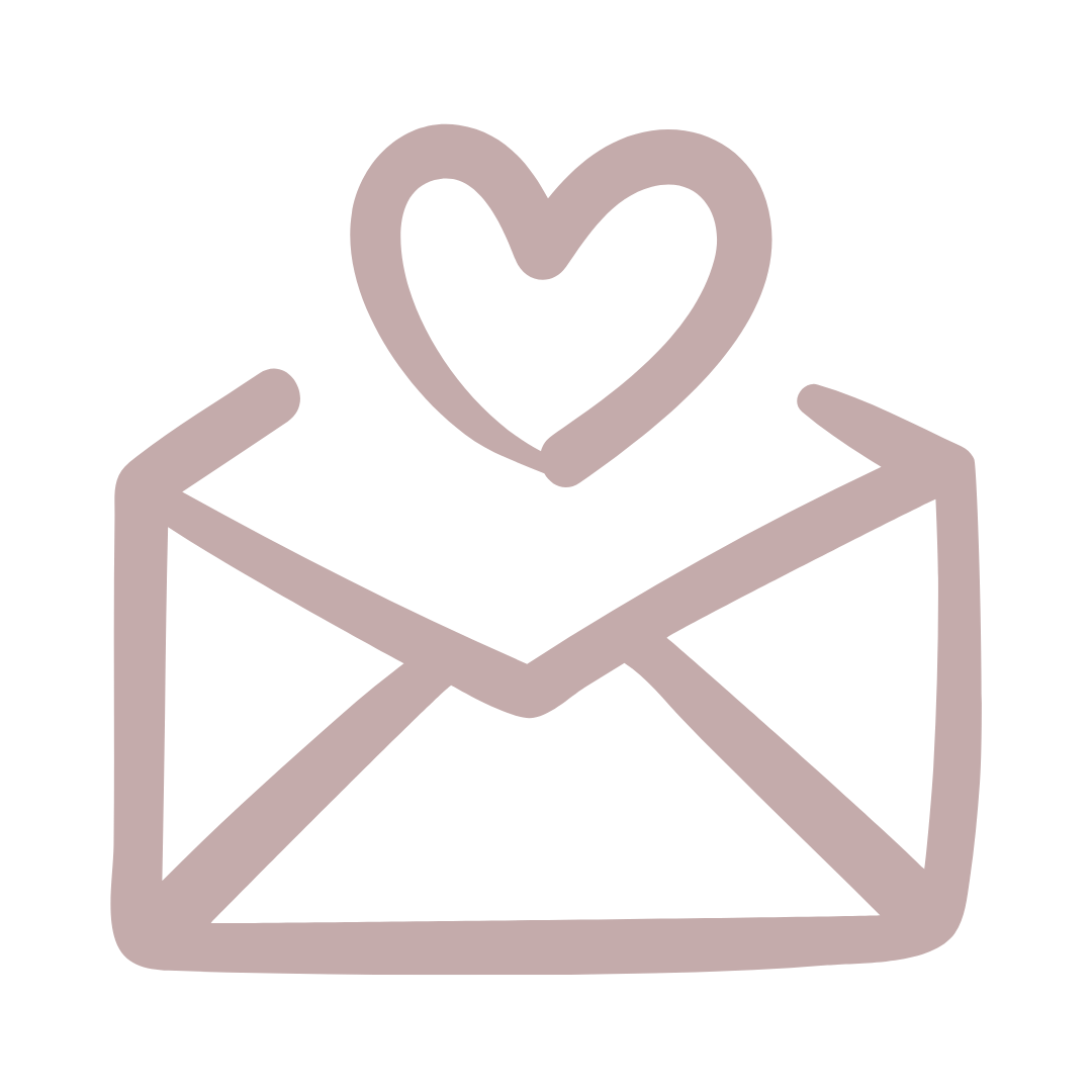 A minimalist line icon of an open envelope with a heart emerging from the top in muted dusty pink.