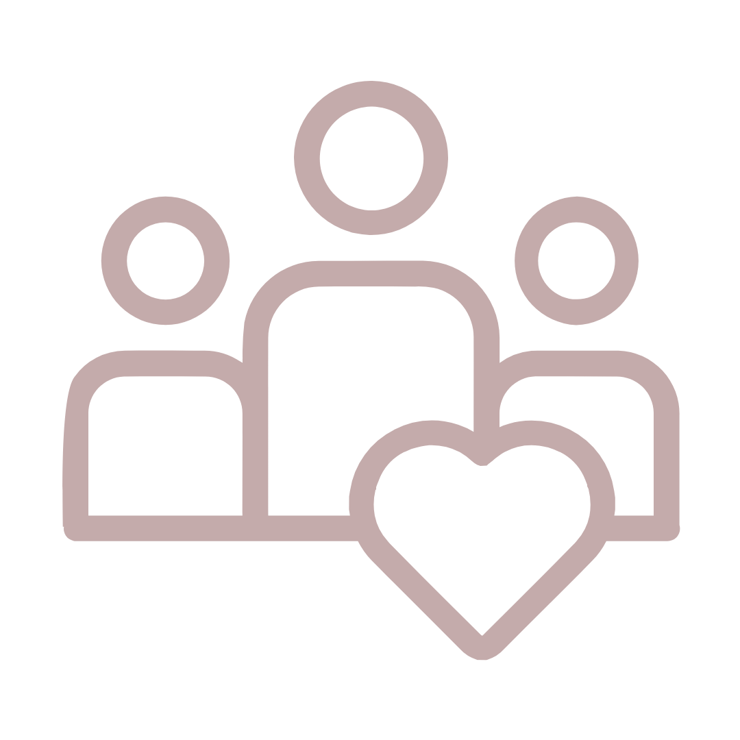 A minimalist line icon depicting three people figures with a heart in the foreground in muted dusty pink.