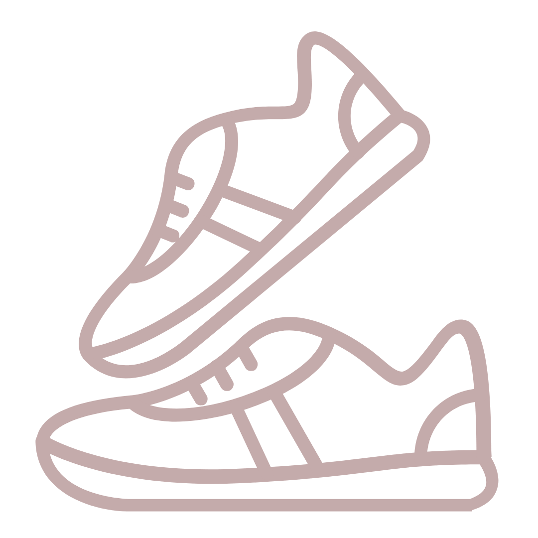 A minimalist line icon of a pair of sneakers stacked on top of each other in muted dusty pink.