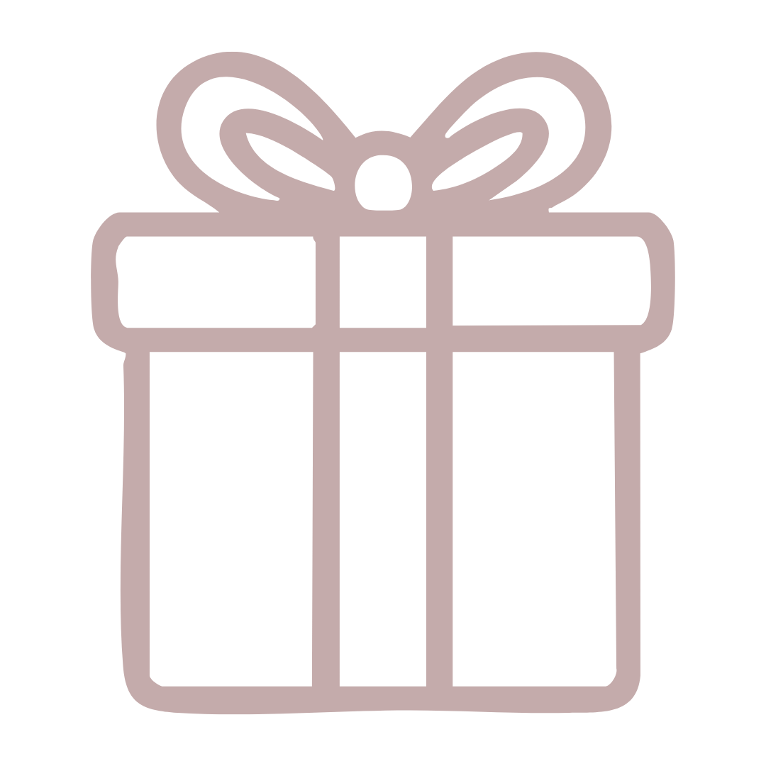 A minimalist line icon of a wrapped gift box topped with a bow in muted dusty pink.