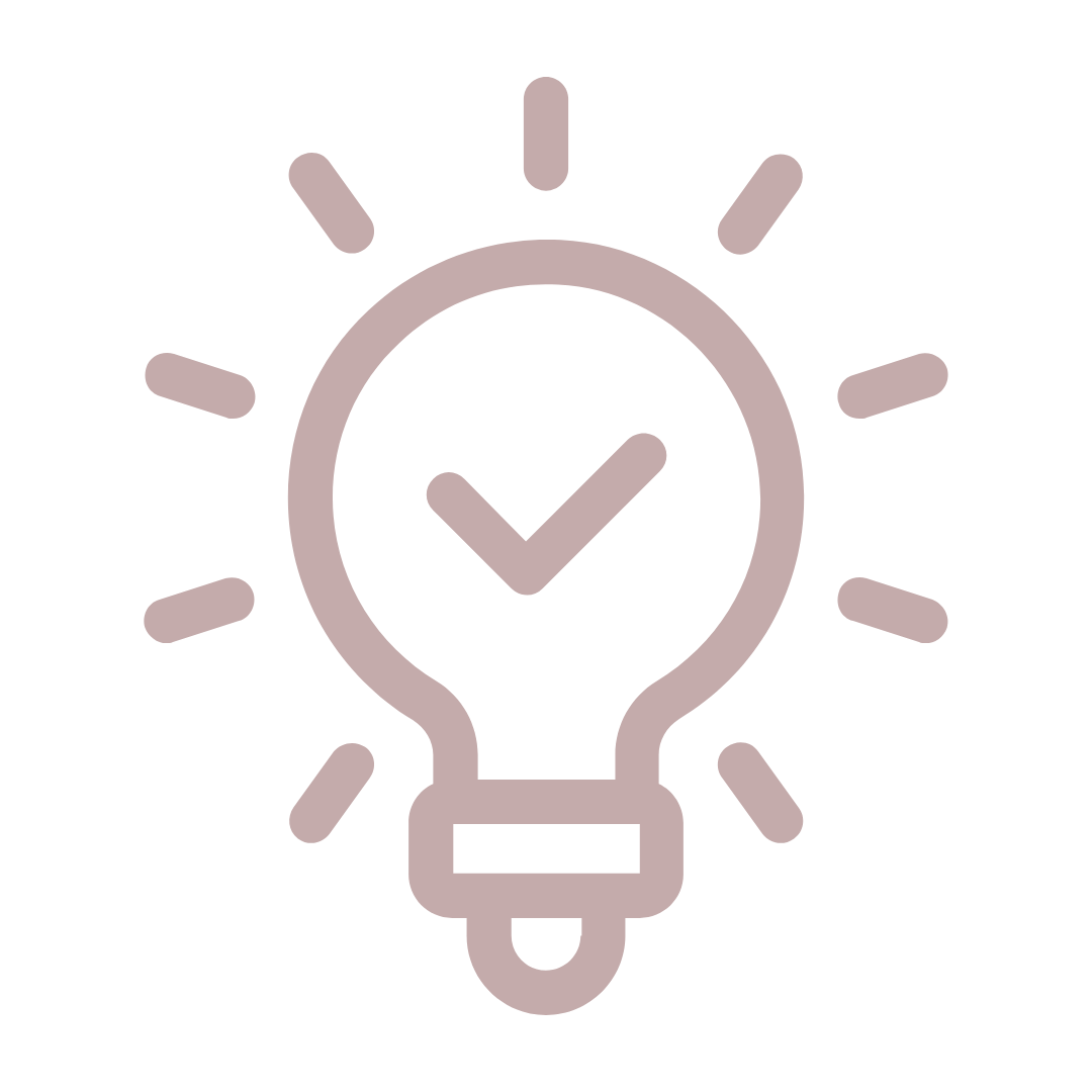 A minimalist line icon of a glowing lightbulb containing a checkmark in muted dusty pink.