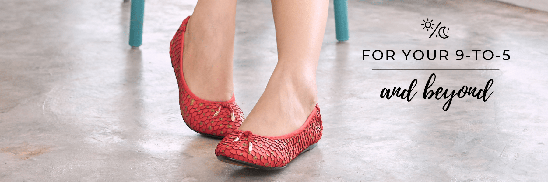 Red Leather Ballet shoes, by Cocorose London, worn by a women on a wooden floor. The Red ballet flats have toggles with gold endings.