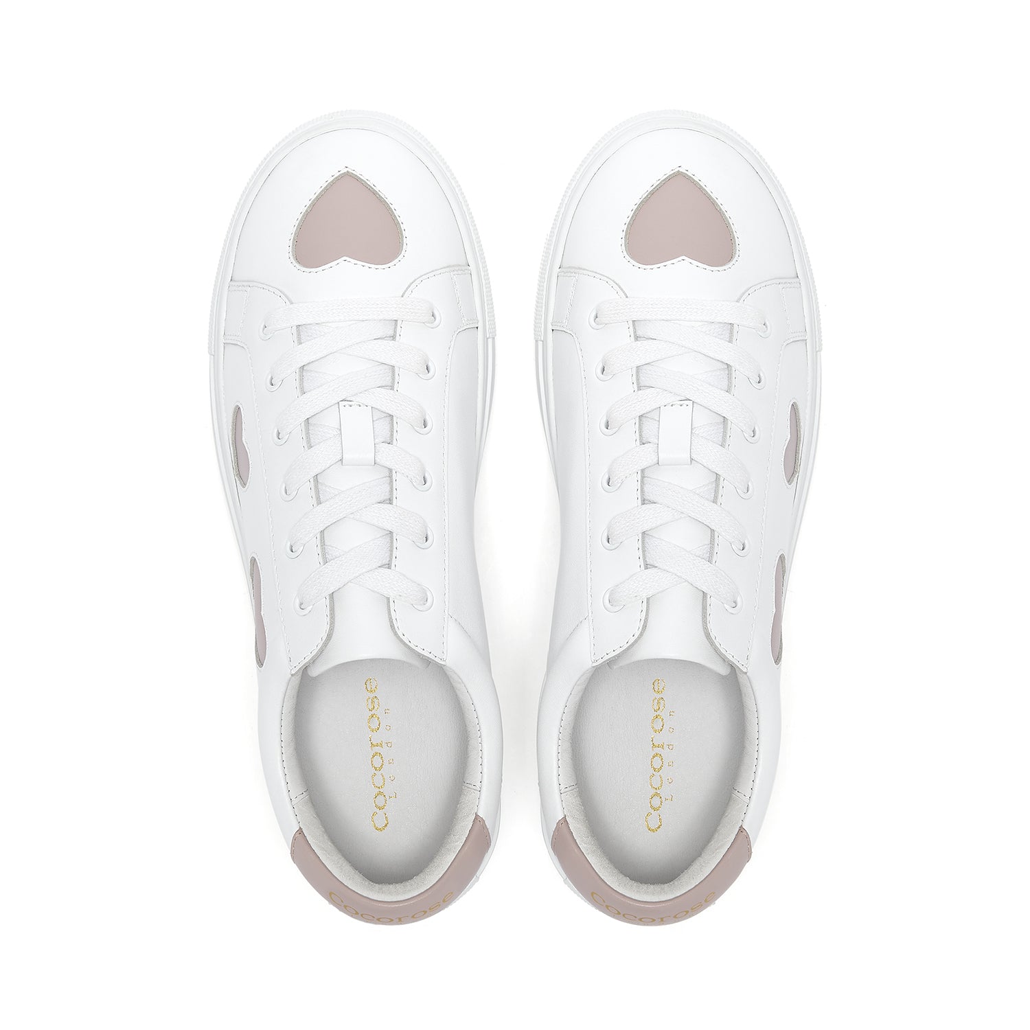 Women’s white leather trainers with pastel pink heart details on sides and toe