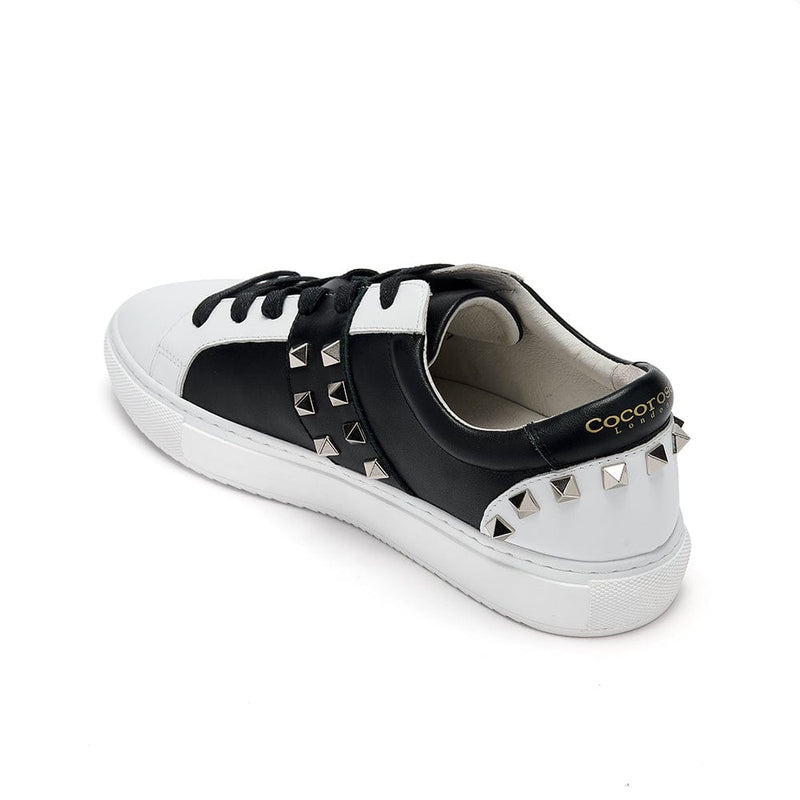 Hoxton - Black and White Leather Trainers with Silver Studs Cocorose London