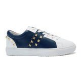 Hoxton - White and Navy  Leather Trainers with Silver Studs Cocorose London
