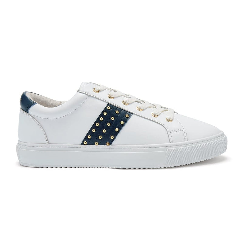 Hoxton - White Leather Trainer with Navy Studded Stripe Cocorose London