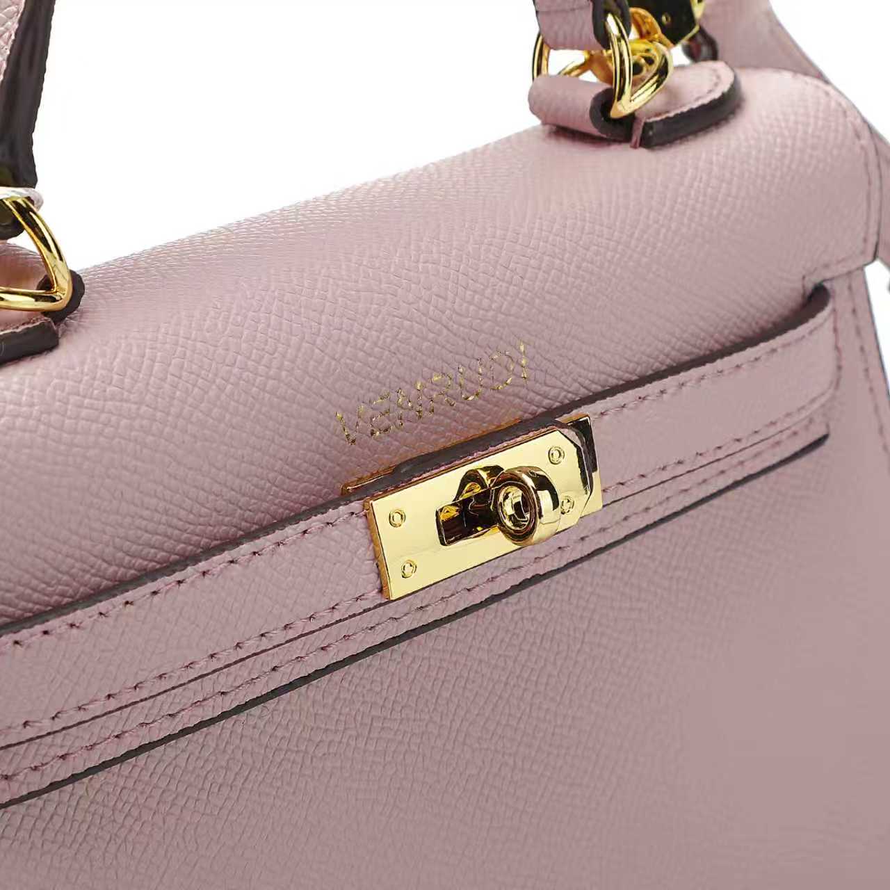 Pink Belt-Buckle Leather Handbag with Detachable Shoulder Strap