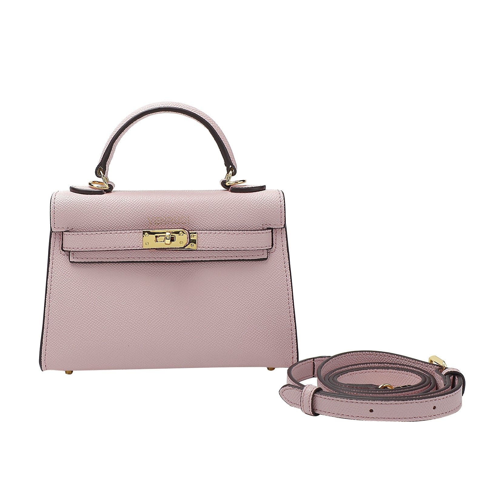 Pink Belt-Buckle Leather Handbag with Detachable Shoulder Strap