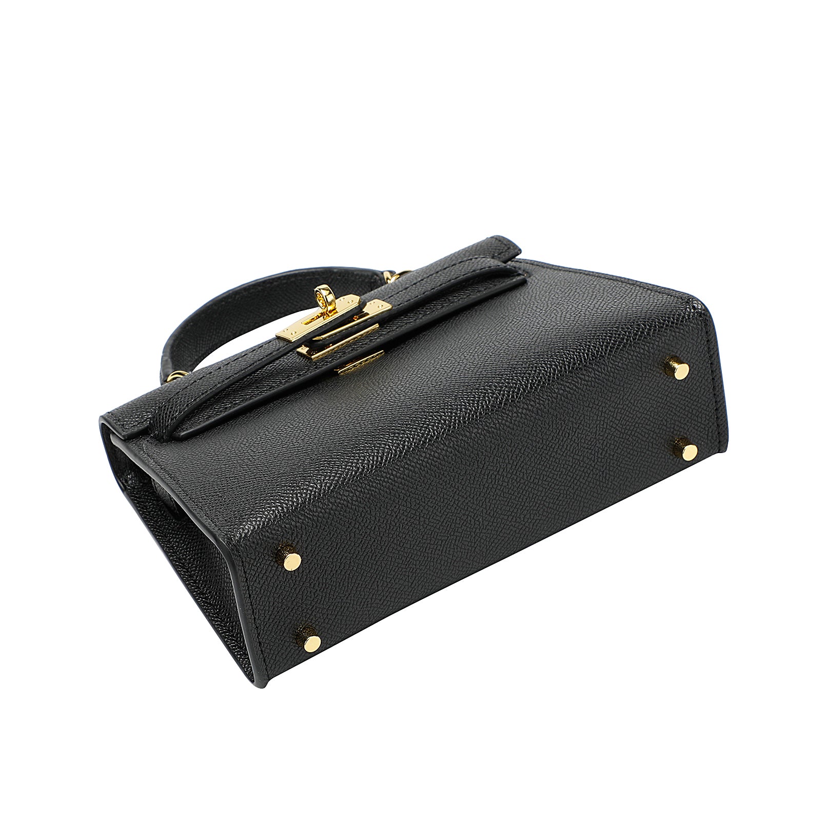 Black Belt-Buckle Leather Handbag with Detachable Shoulder Strap