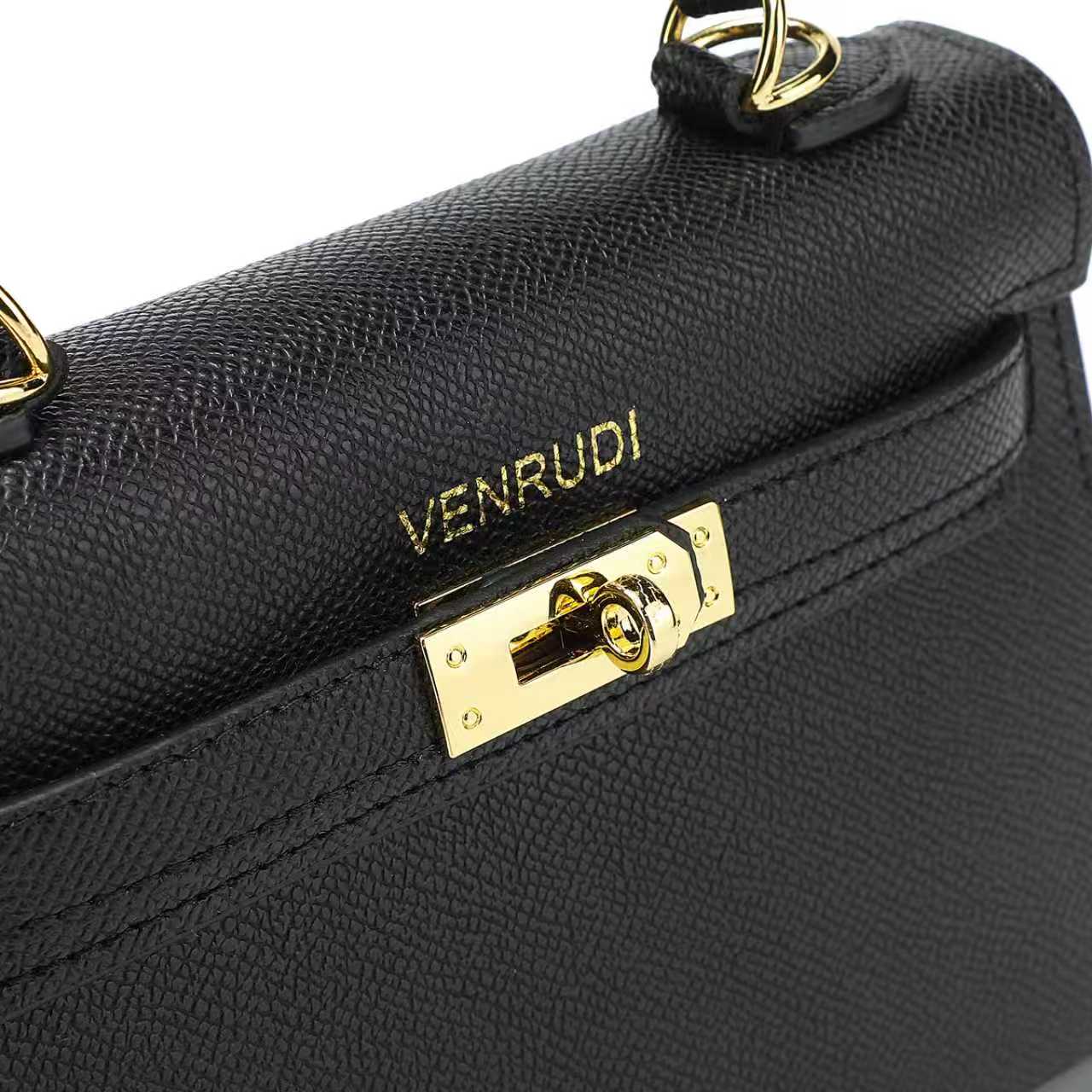 Black Belt-Buckle Leather Handbag with Detachable Shoulder Strap