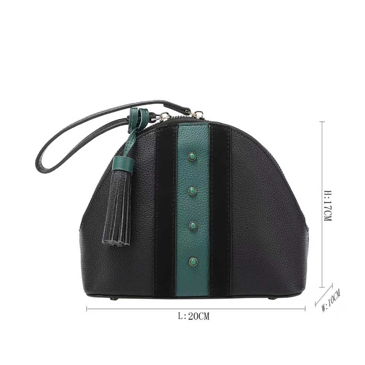 Black & Green Leather Dome Bag — With Tassel & Two-Way Zip
