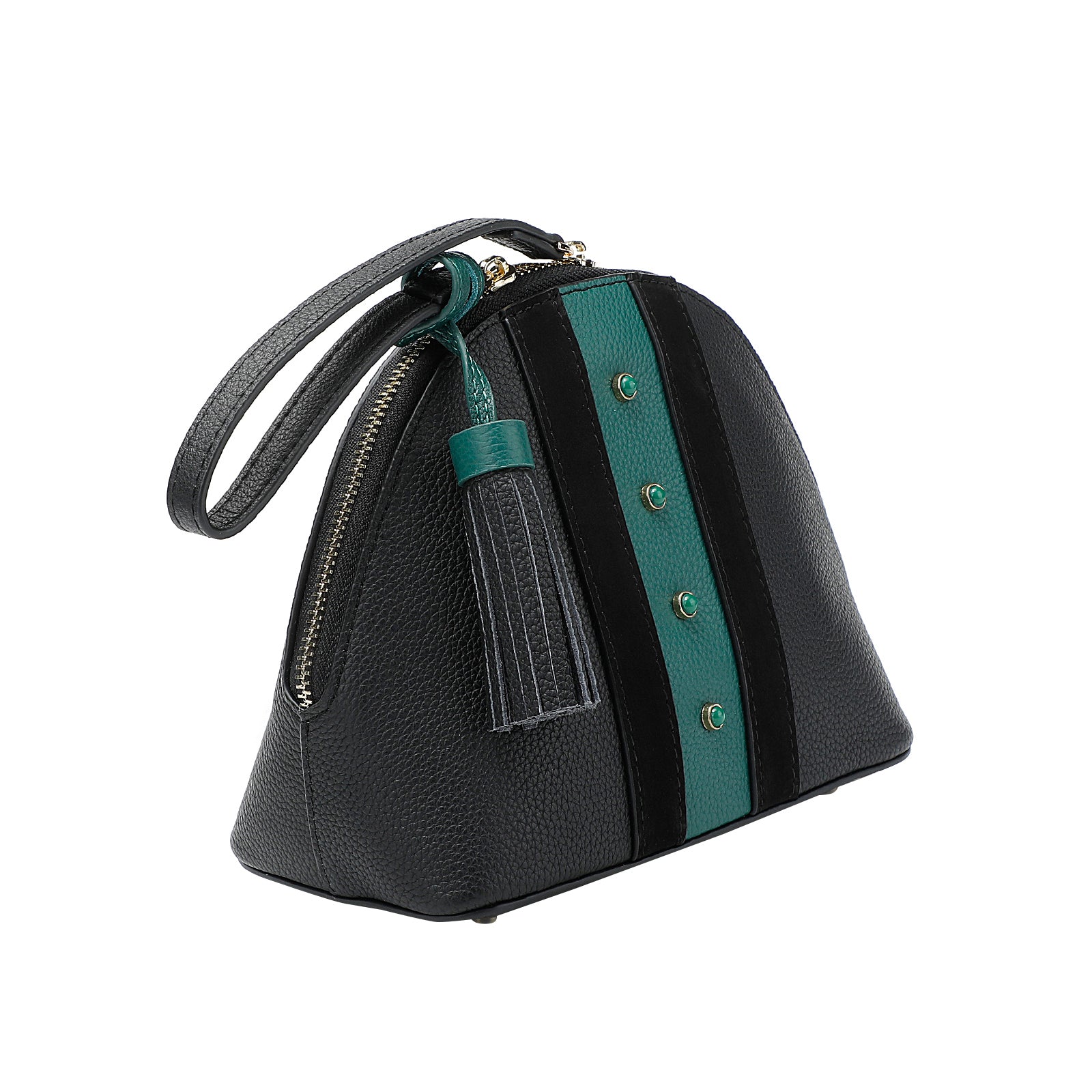 Black & Green Leather Dome Bag — With Tassel & Two-Way Zip