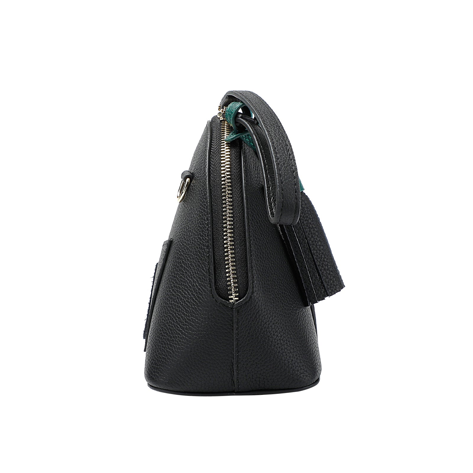 Black & Green Leather Dome Bag — With Tassel & Two-Way Zip
