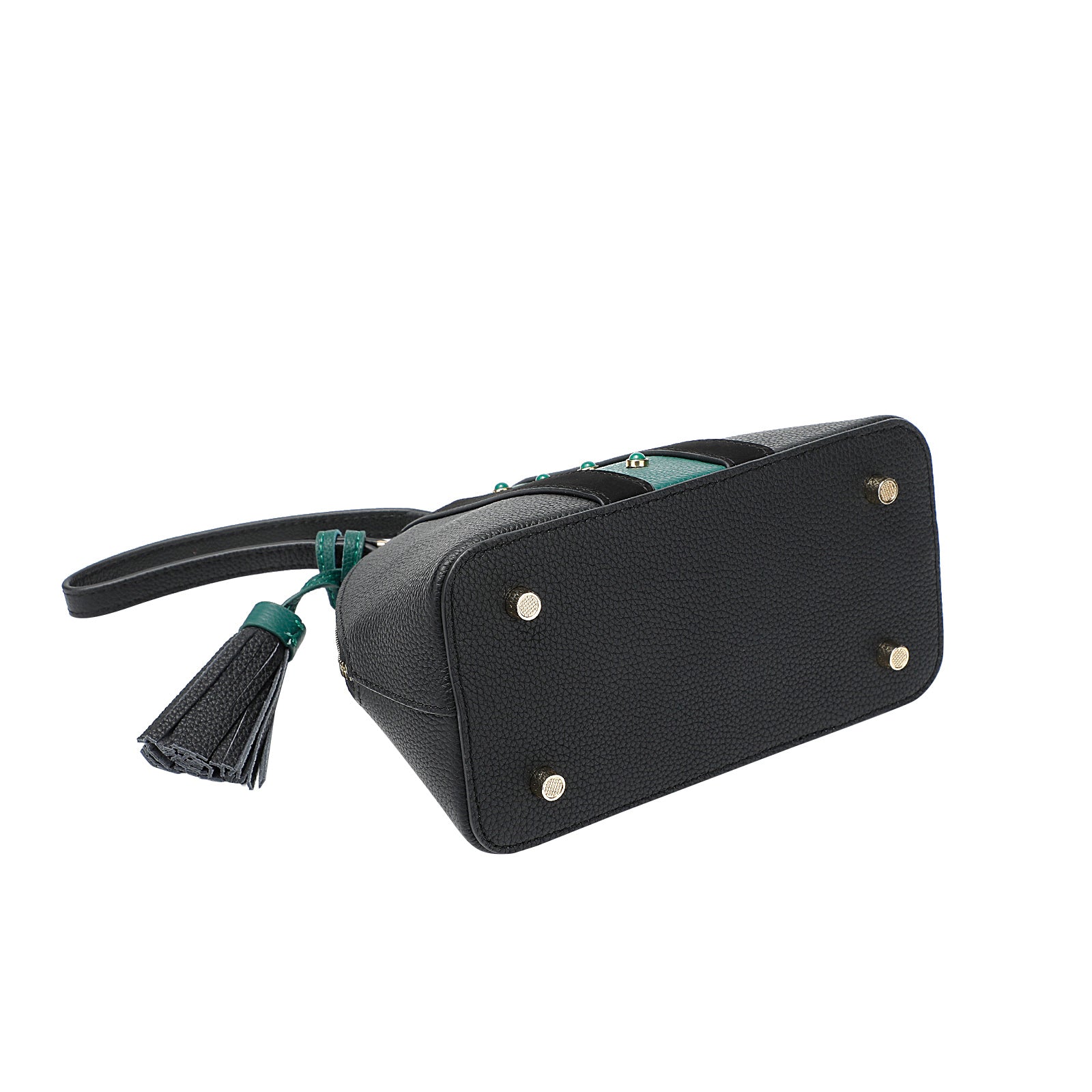 Black & Green Leather Dome Bag — With Tassel & Two-Way Zip