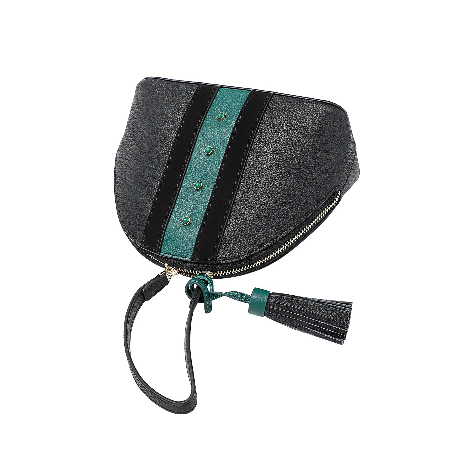 Black & Green Leather Dome Bag — With Tassel & Two-Way Zip