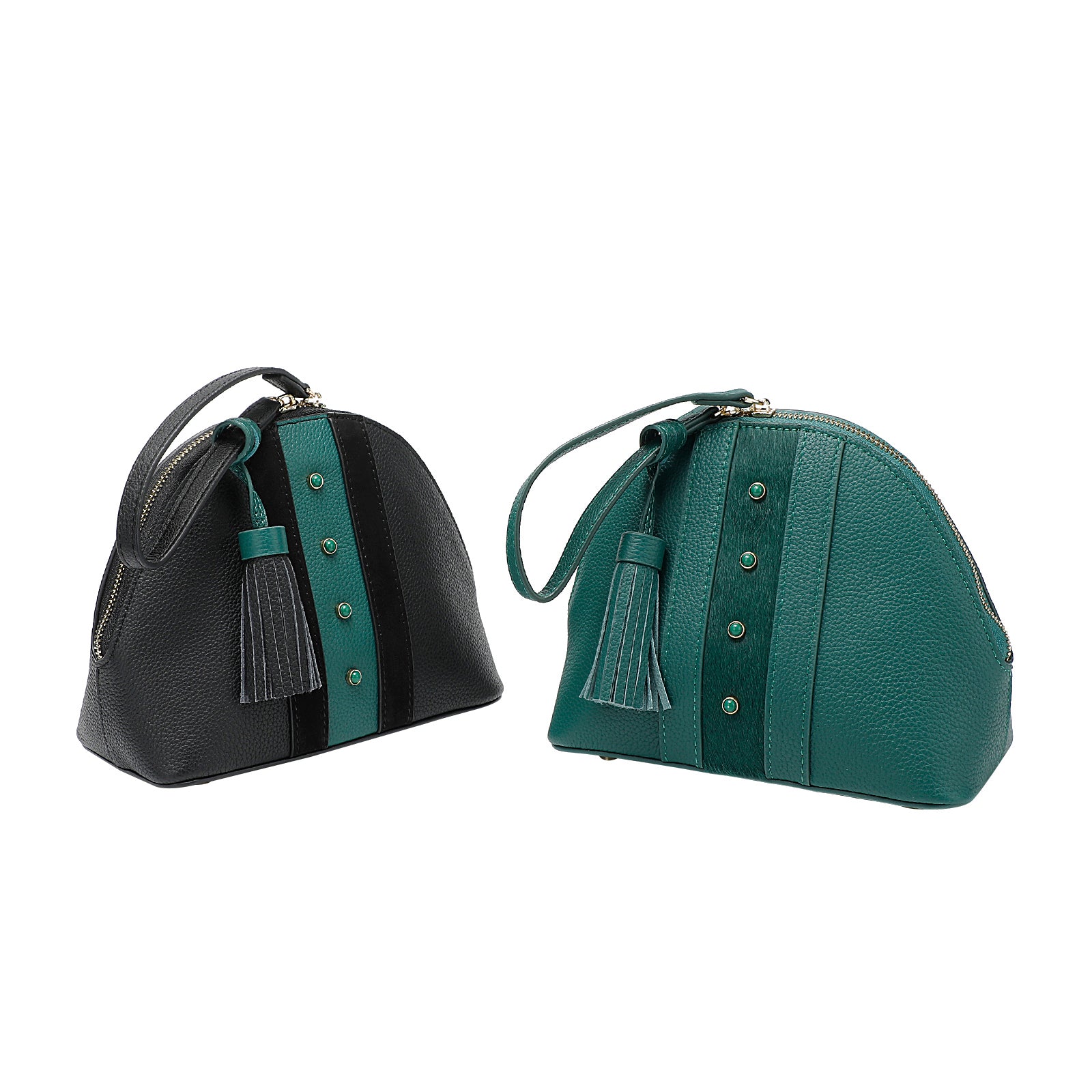 Black & Green Leather Dome Bag — With Tassel & Two-Way Zip