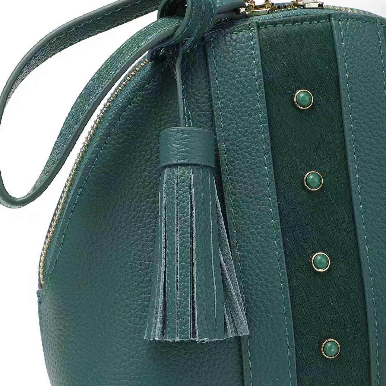 Green Leather Dome Bag — Hair-On Panel & Statement Tassel