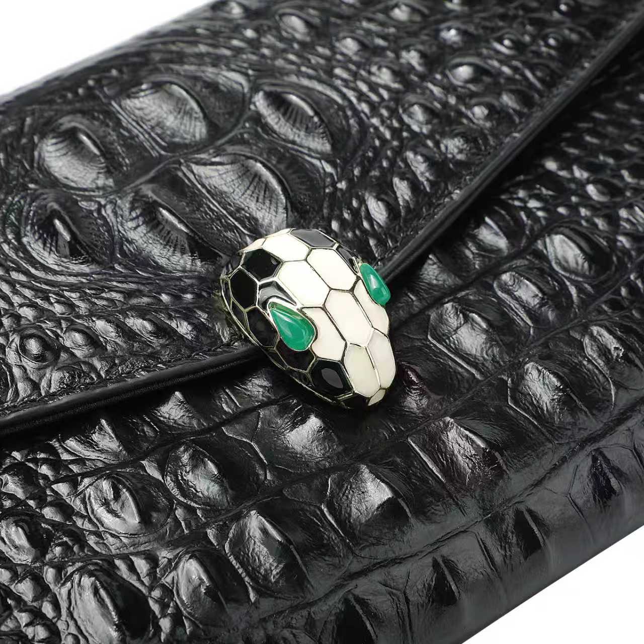 Black Embossed Leather Clutch with Chain and Wristlet