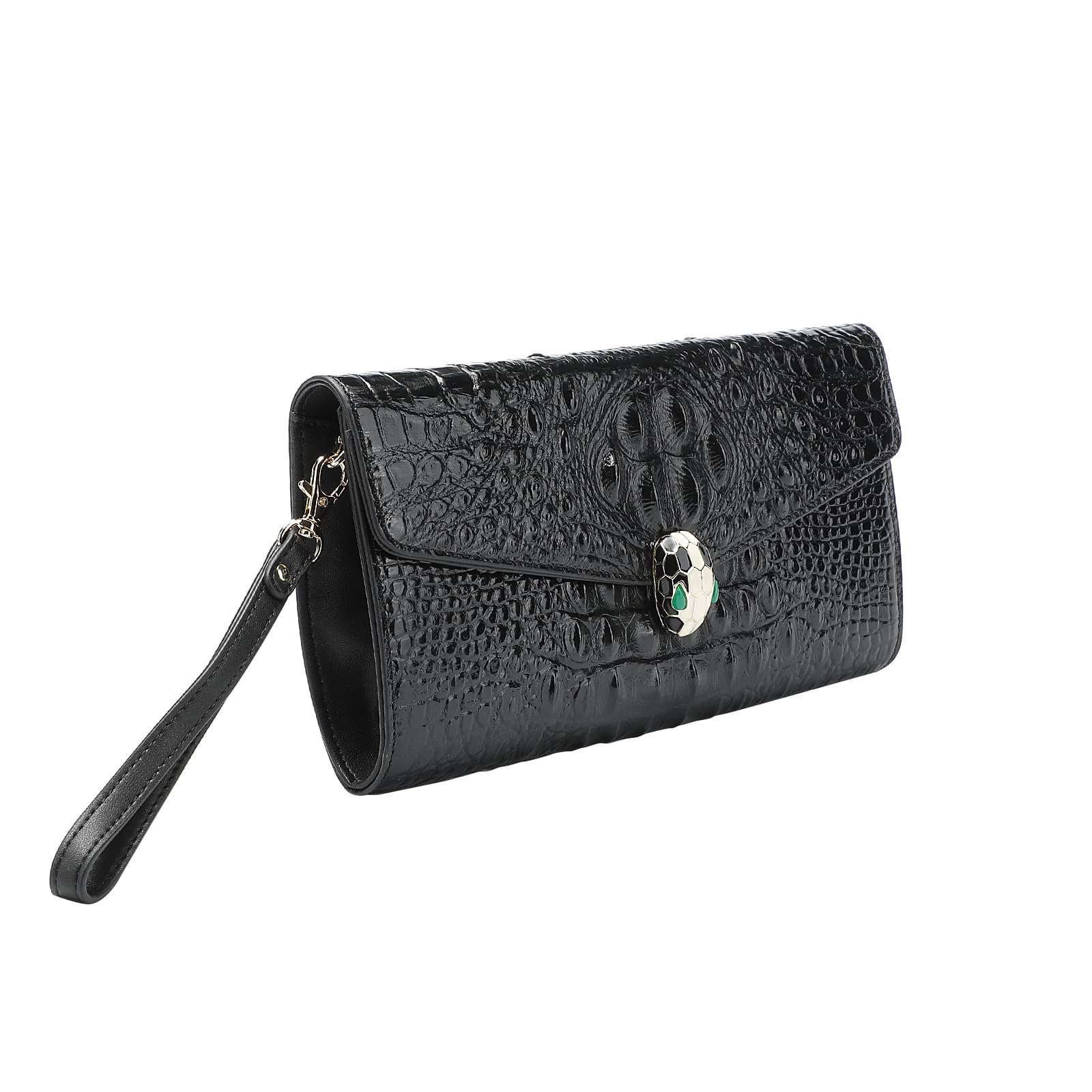 Black Embossed Leather Clutch with Chain and Wristlet