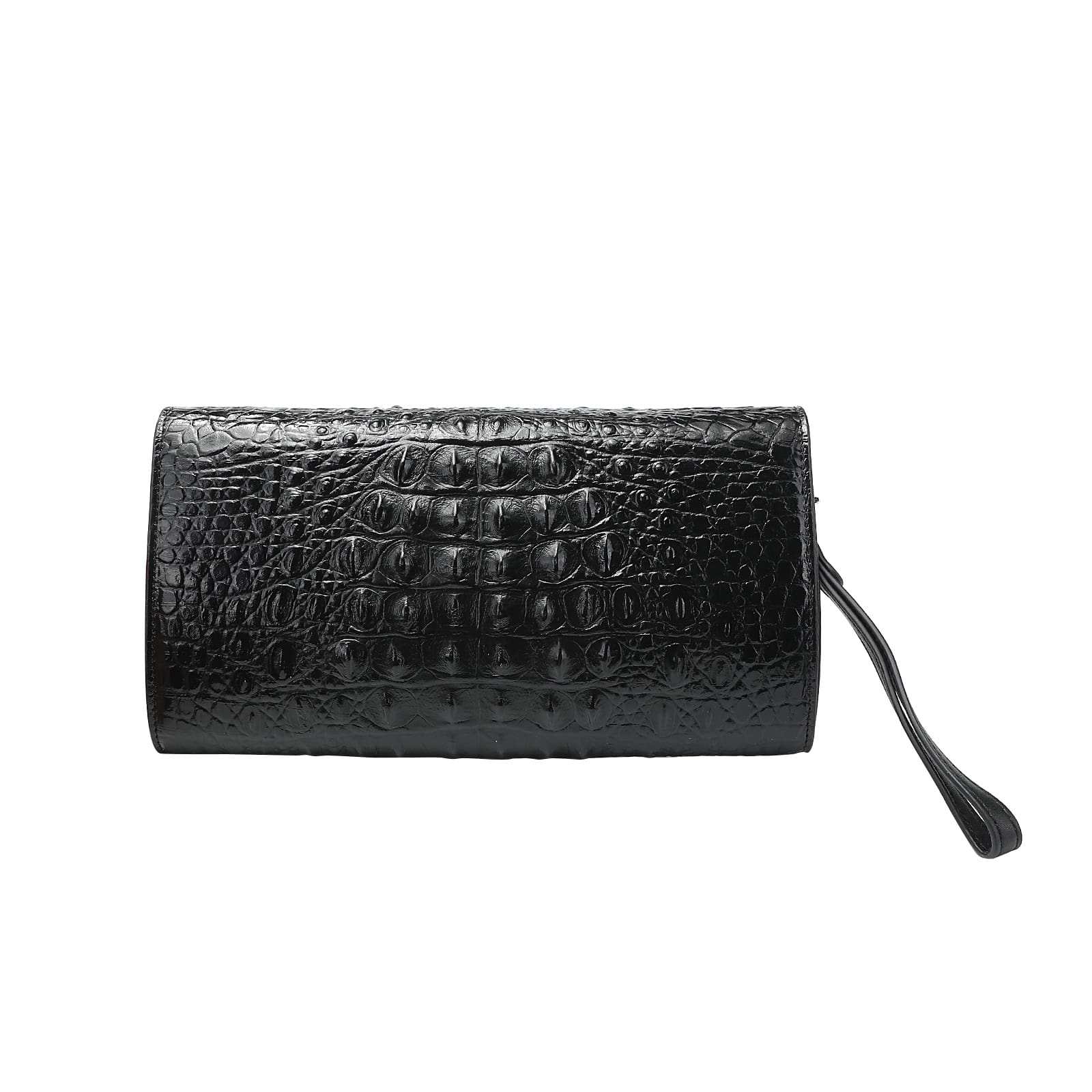 Black Embossed Leather Clutch with Chain and Wristlet