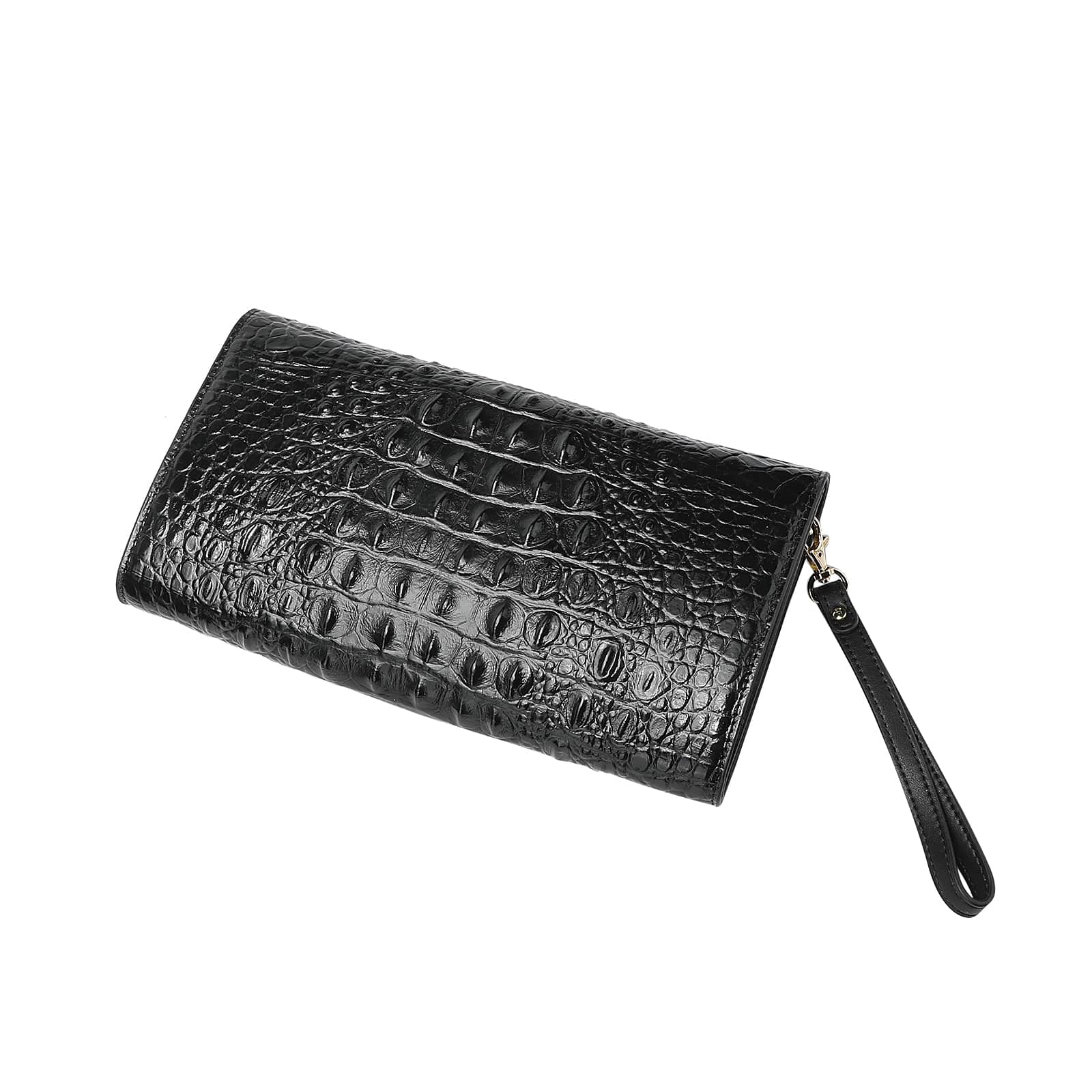 Black Embossed Leather Clutch with Chain and Wristlet