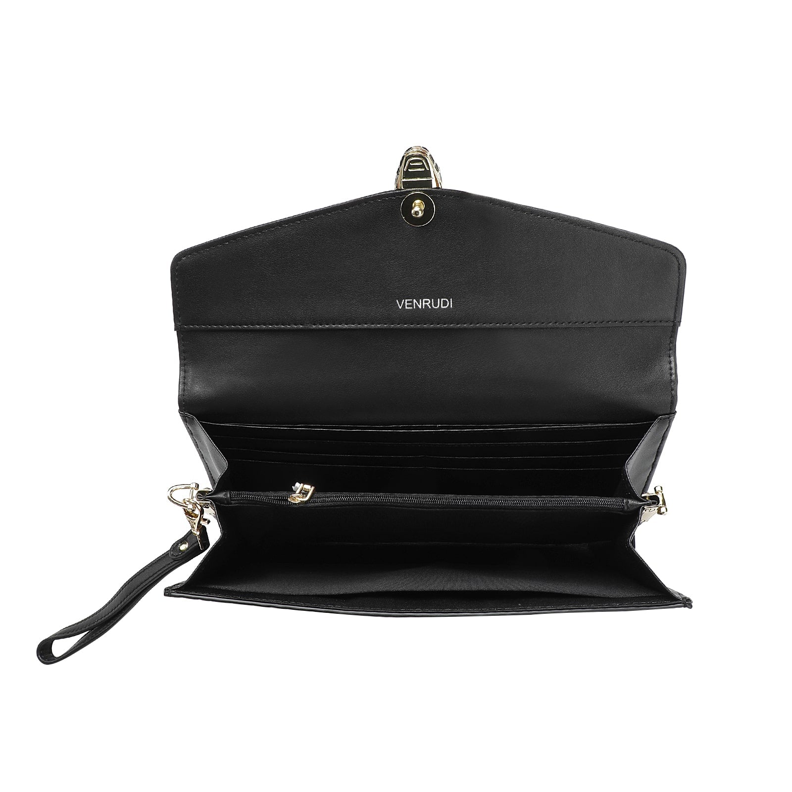 Black Embossed Leather Clutch with Chain and Wristlet