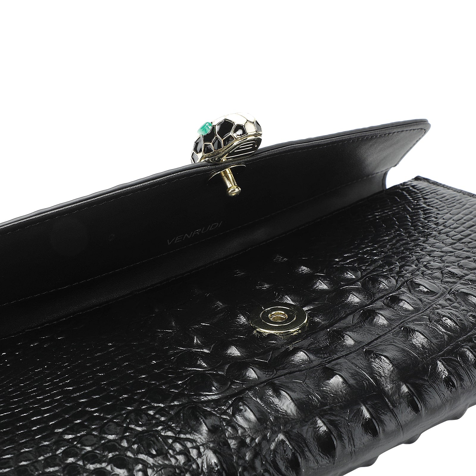 Black Embossed Leather Clutch with Chain and Wristlet