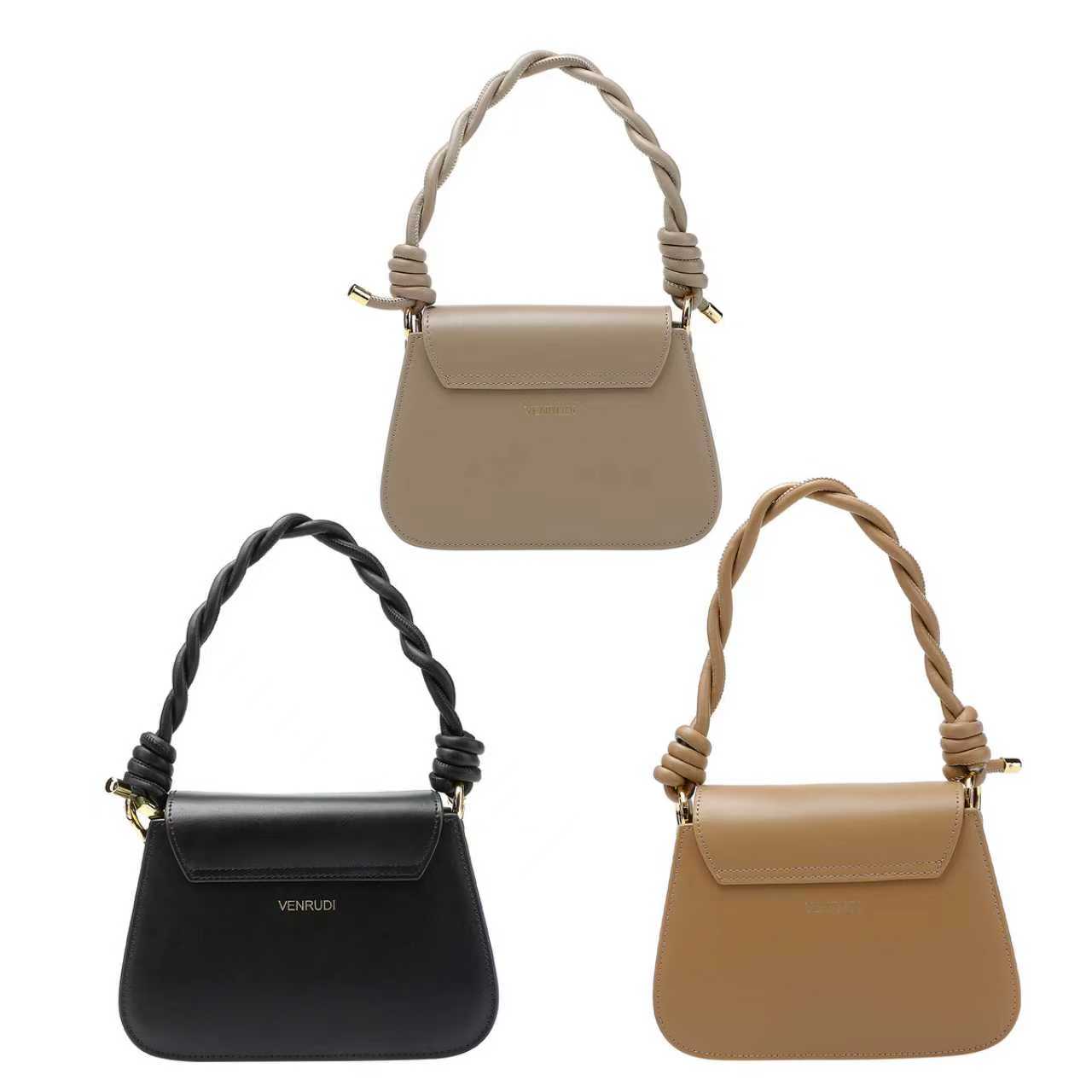 Tan Braided Handle Leather Handbag with Shoulder Strap