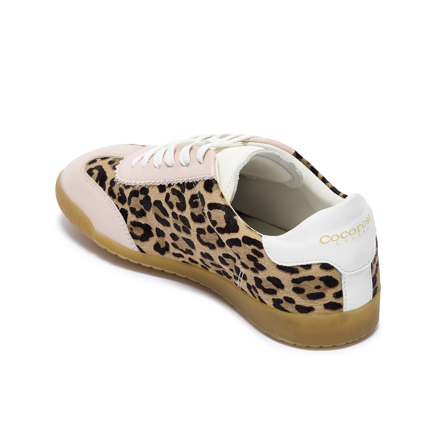 Leopard print sneaker with pastel pink trim and white accents on a white background