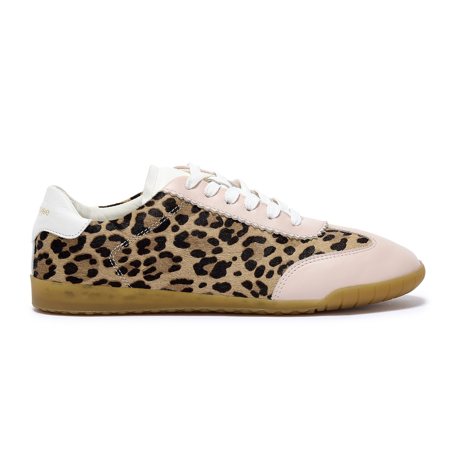 Profile picture of a leopard print trainer with pastel pink trim details on a white background