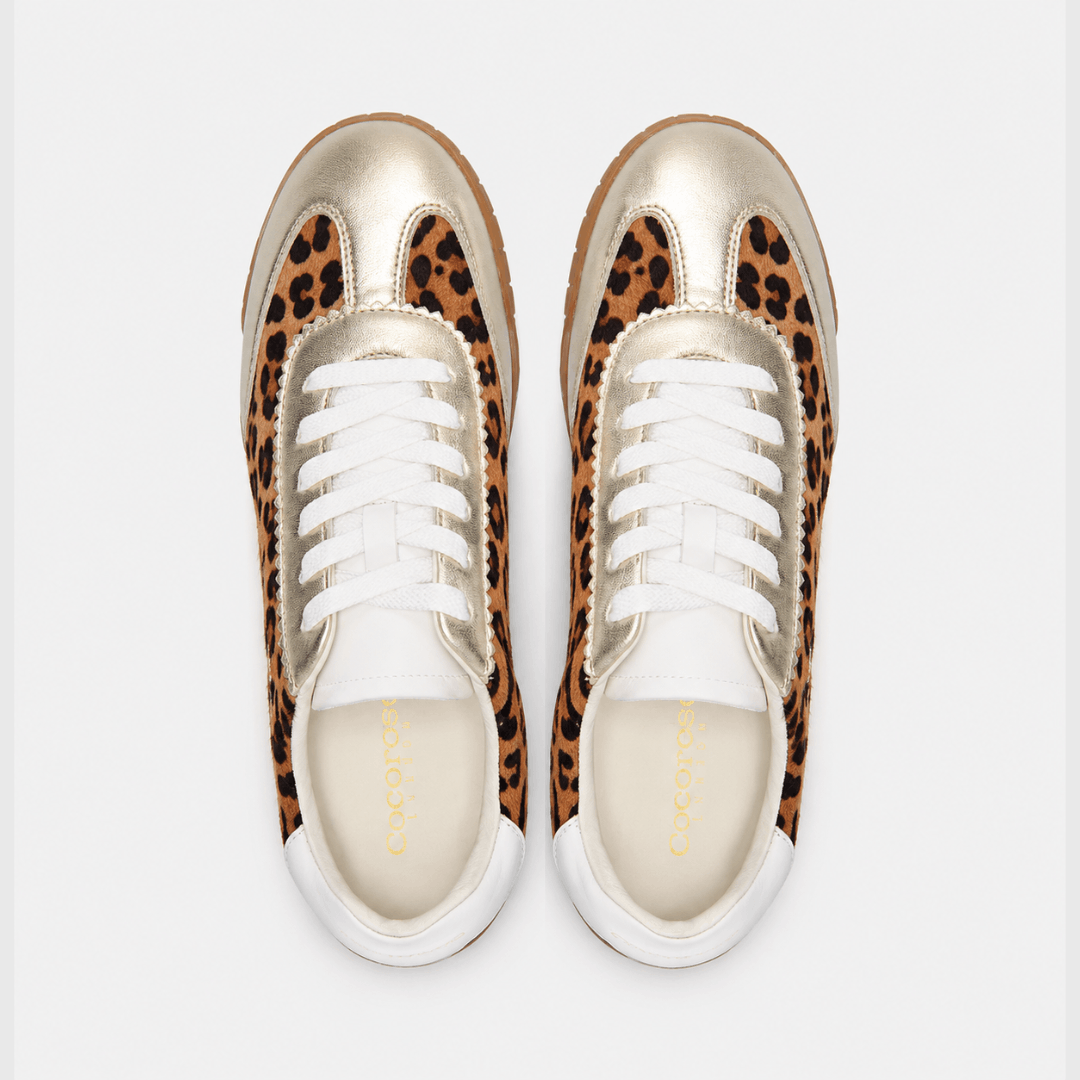 Top-down birdseye view of a pair of Moorgate leopard print sneakers with metallic gold accents and white laces against a plain white background.