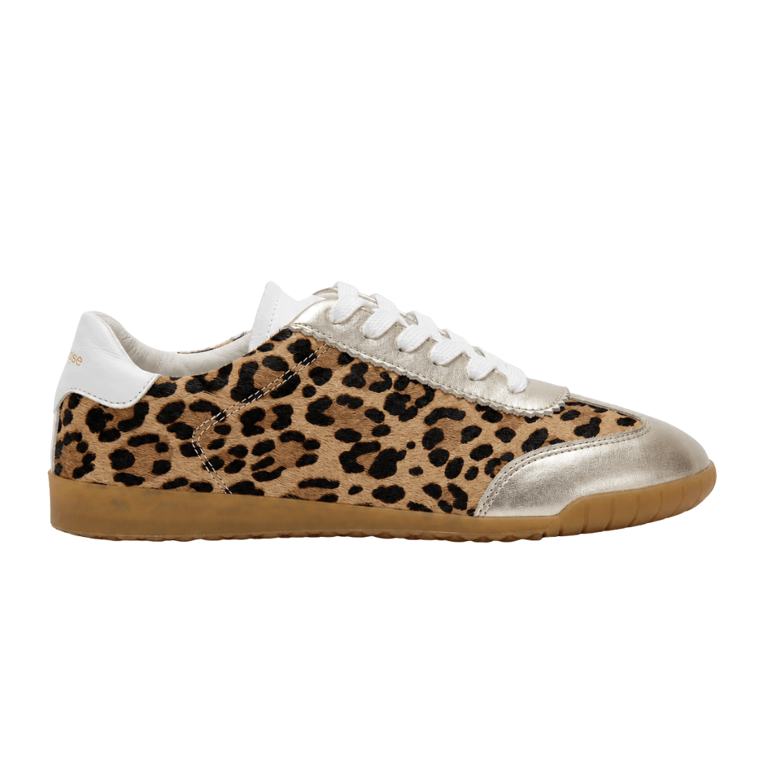 Side profile view of a Moorgate leopard print pony hair sneaker with metallic gold leather trim and a gum sole.