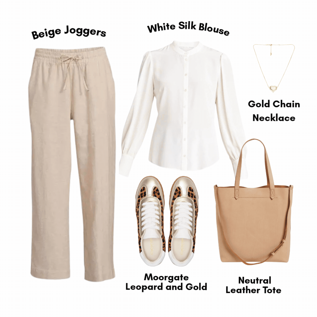 a style guide flat lay for moorgate leopard and gold trainers for women