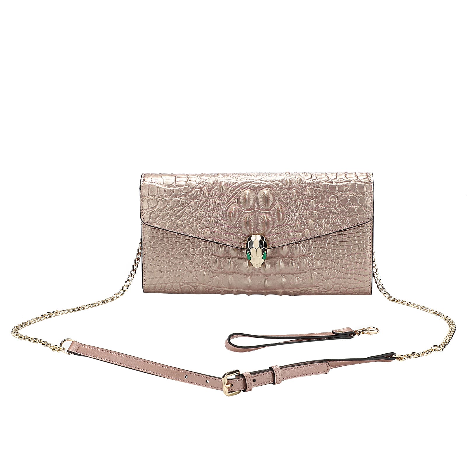 Rose Gold Metallic clutch bag with textured surface and detachable strap and wristlet on a white background
