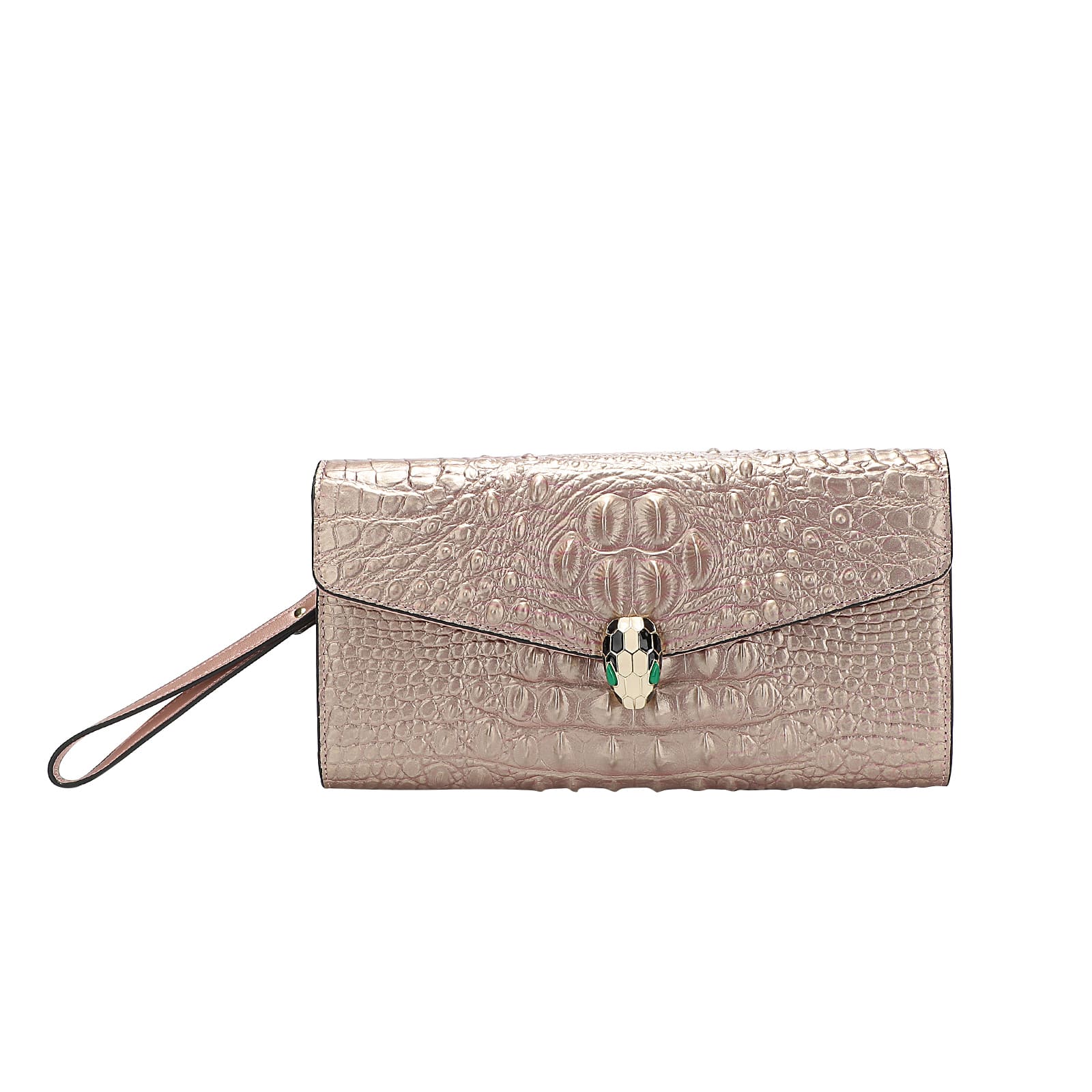 Designer clutch handbag with a prominent buckle clasp on a white background