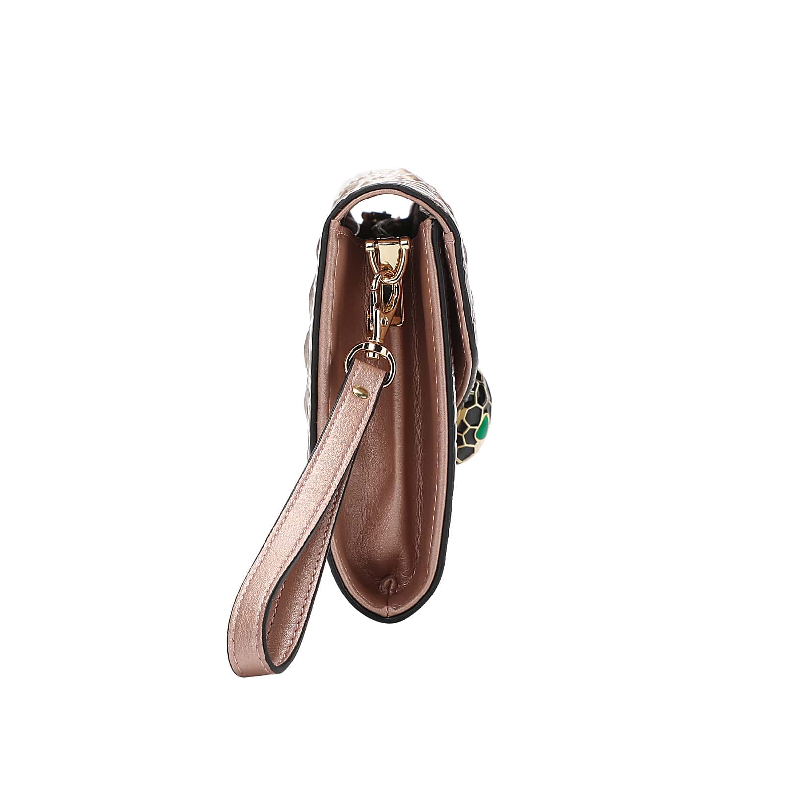 Close-up of a clutch with a strap on a white background